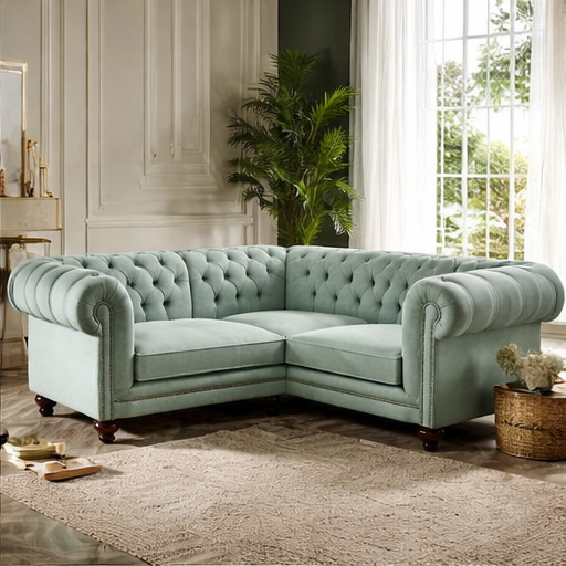 Luxury Mint Green Chesterfield Corner Sofa – Tufted Velvet Sectional Couch with Wooden Legs