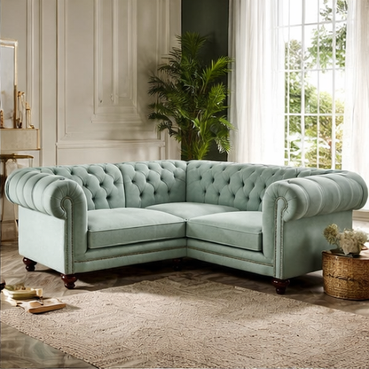 Luxury Mint Green Chesterfield Corner Sofa – Tufted Velvet Sectional Couch with Wooden Legs