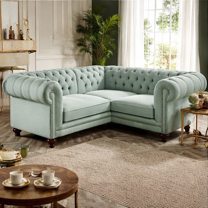 Luxury Mint Green Chesterfield Corner Sofa – Tufted Velvet Sectional Couch with Wooden Legs